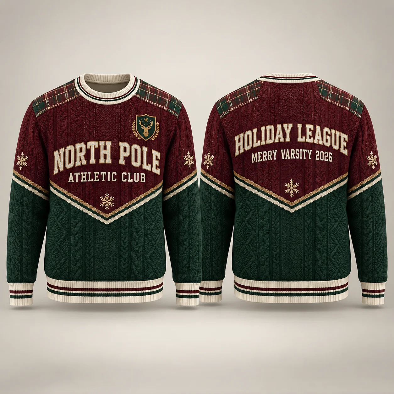 3D Printed Faux Knit Christmas Crewneck Sweatshirt Burgundy Forest Green Plaid Varsity Shield Holiday League Unisex Pullover