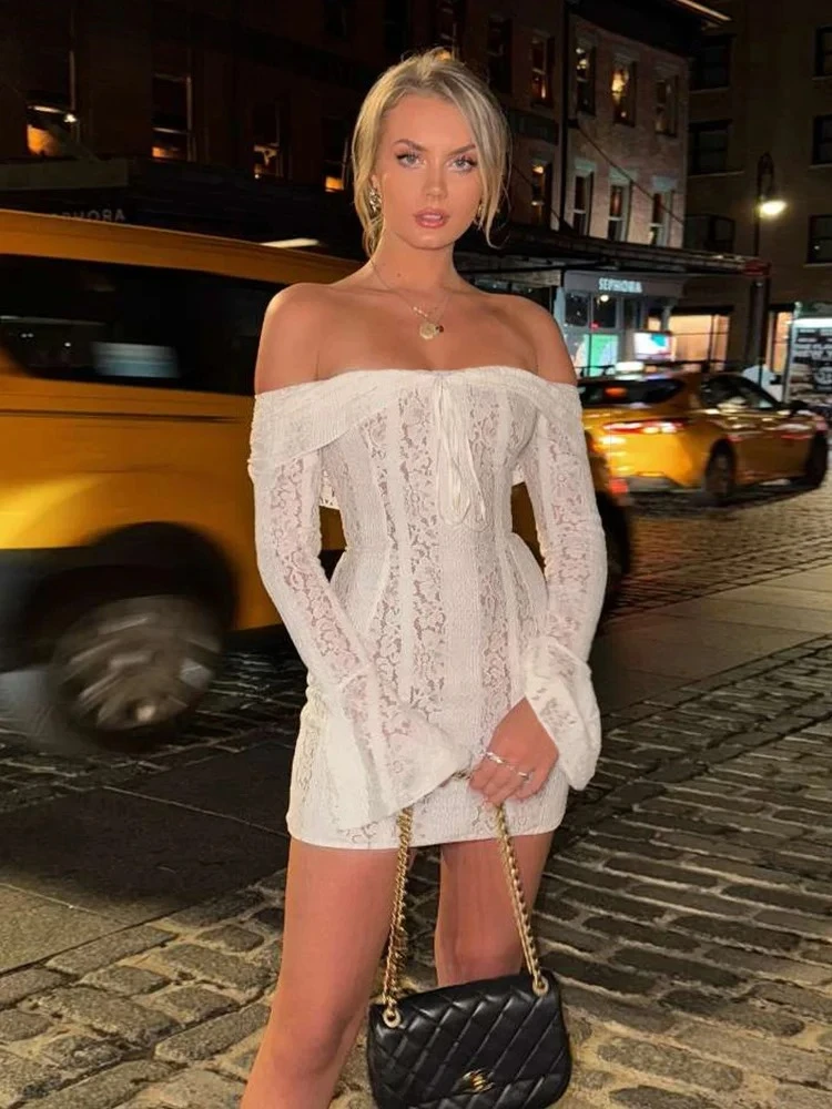 Elegante jacquardjurk dames plooien schuine hals doorzichtige uitlopende mouwen trend middernacht feest streetwear mini bodycon