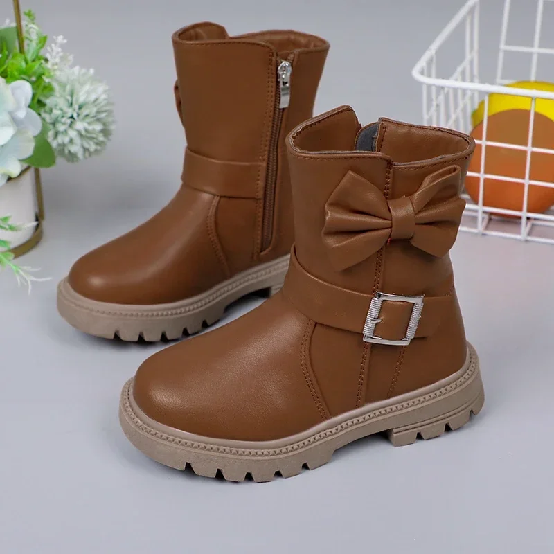 Children Girls Short Boots Solid Color Bow Buckle 2024 New Simple Non-slip Round-toe Kids Versatile Soft Princess Shoes Fashion