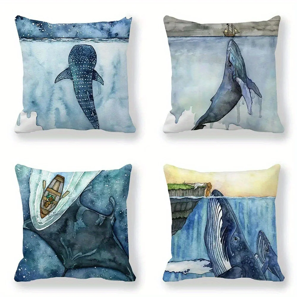 Artistic Whale Ocean Life Pillowcase Set 4 Pack Blue Watercolor Sea Animal Throw Pillow Decor 40x40cm