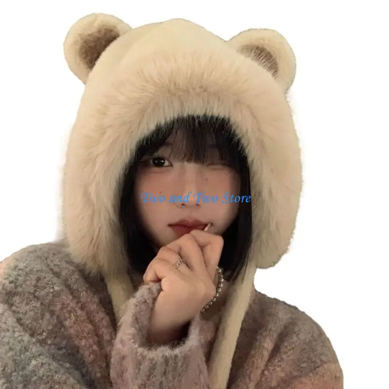

HX6F Winter Warm Hat Furry Bear Ear Beanie Hat Women Outdoor Activity Accessories