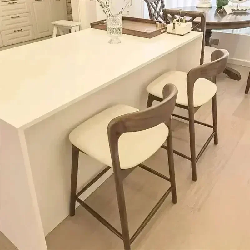 High Footed Stool Bar Chair Modern Simple Desk Reception Backrest Nordic Solid Wood Household Bar Chair White Wax Wood
