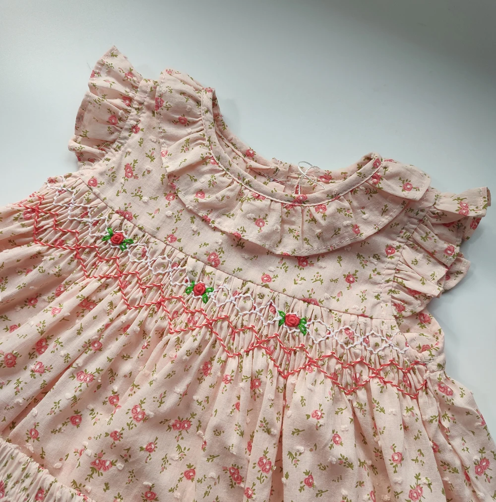 Toddler Girls Dress Suit Sets 2025 Summer baby Embroidery Smocked Floral Dress With Shorts Headband Children Casual Outfit 9-36M