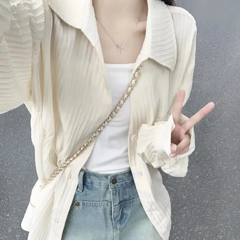 Cotton Linen Sun-Proof Shirt Women Korean Summer Chic Thin Loose Blousers Fashion Casual Solid Texturals Cardigan Basic Tops