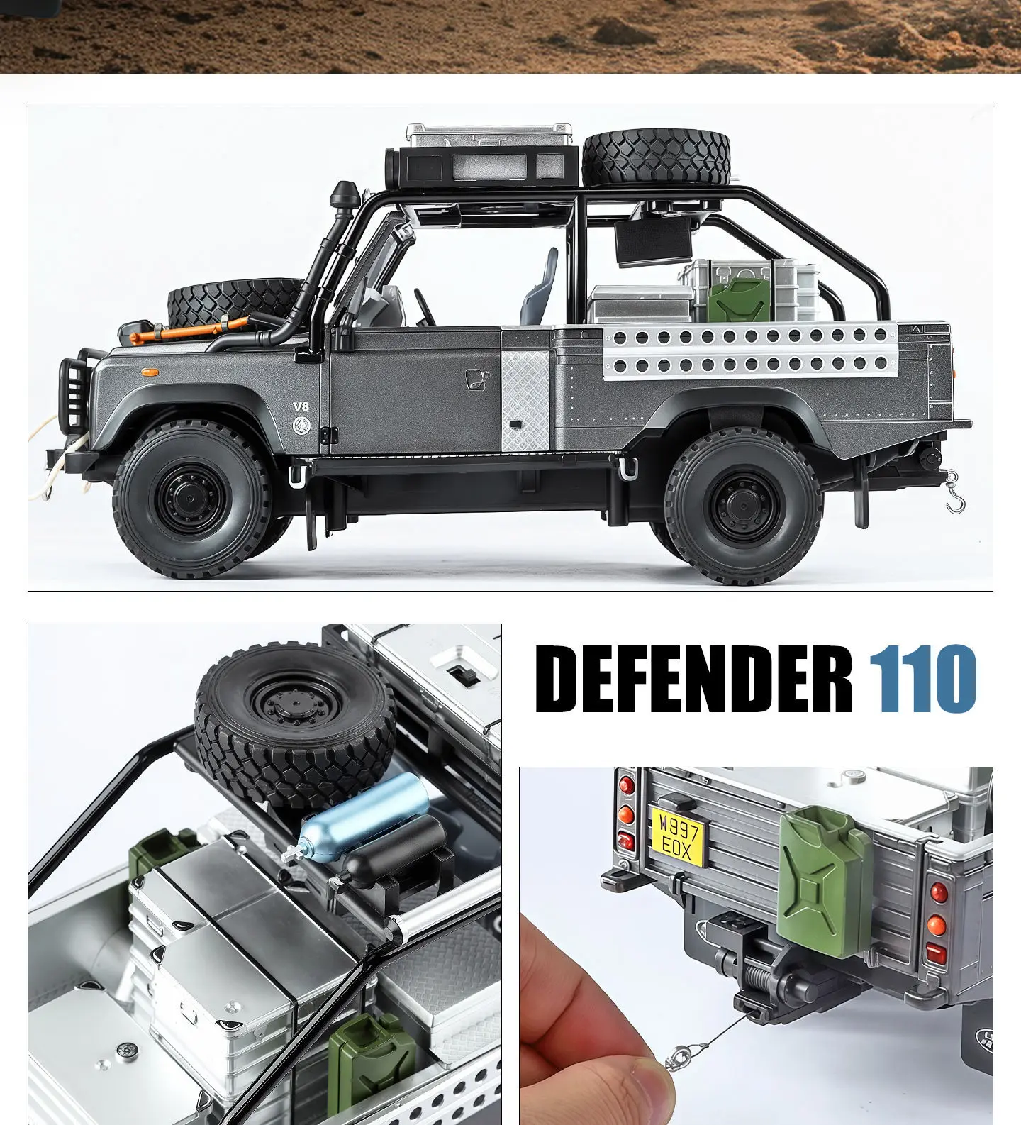 1/24 Land Rangeed Defender 110 camioneta de aleación modelo de coche Diecast vehículos todoterreno modelo de coche sonido luz tirar hacia atrás niños juguete para regalo