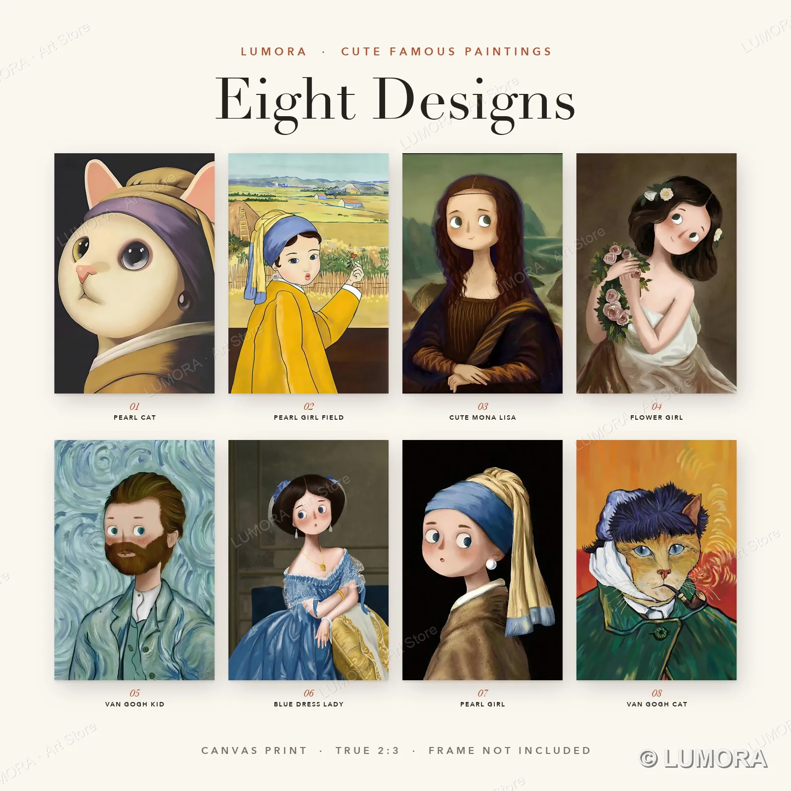 Cute Famous Painting Canvas Wall Art Poster Kawaii Mona Lisa Van Gogh Cat Girl with Pearl Earring Funny Gift Room Decor Unframed