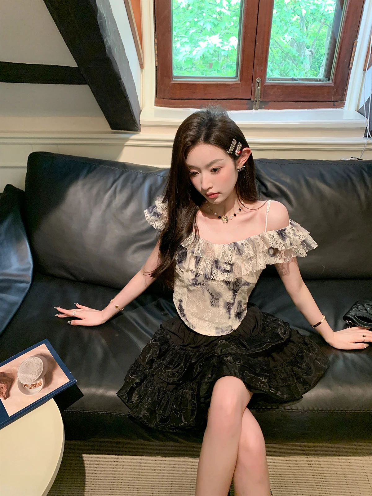 

Chen Miao Dry Floral Print Lace Trim oulder Bared Top Women's Summer Faion Sweet Sle ort Length Zipper Design