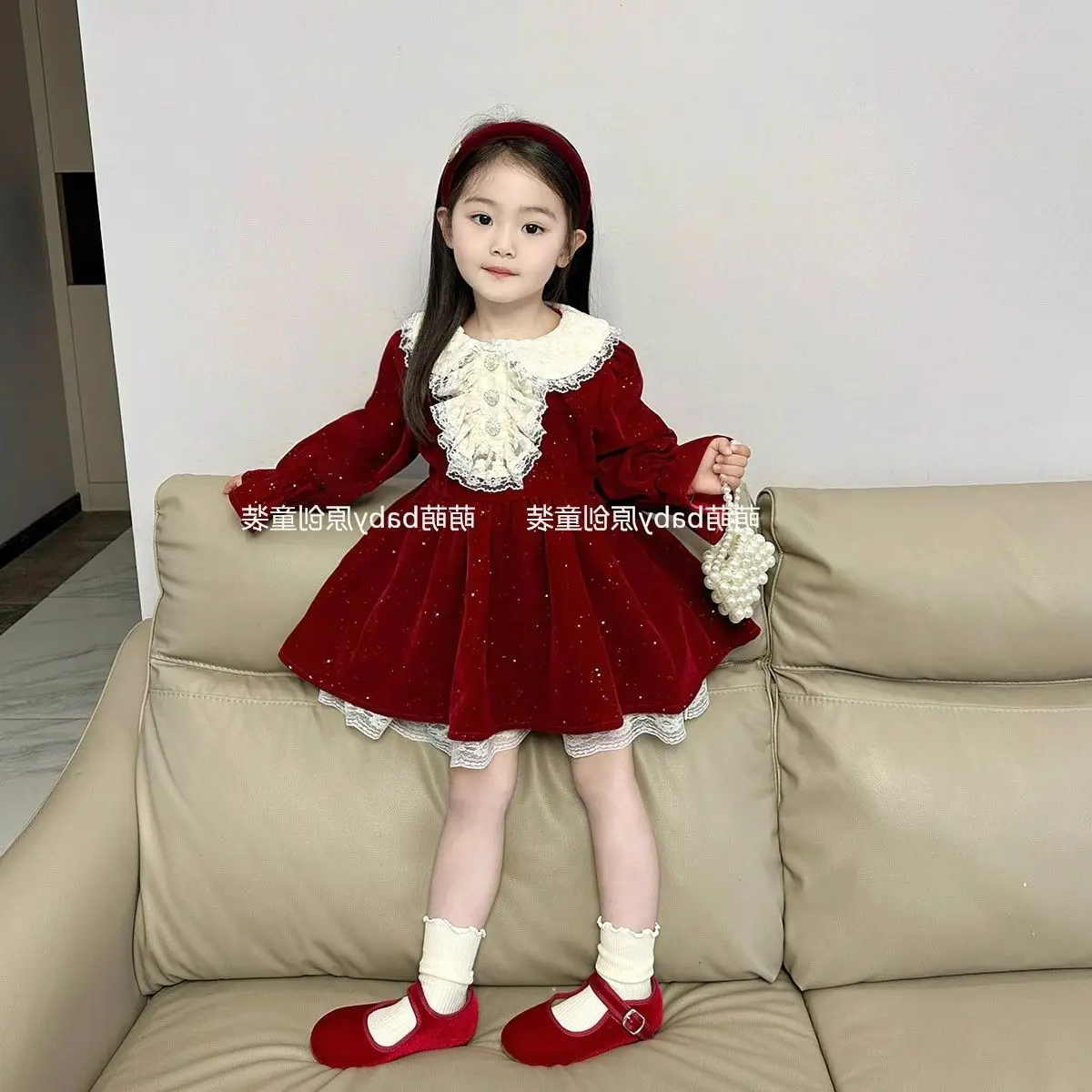 Girls Red Dress 2024 Autumn Winter New Red Fine Glitter Lace Collar Velvet Dress Baby Girls Velvet Princess Dress Skirt Clothes