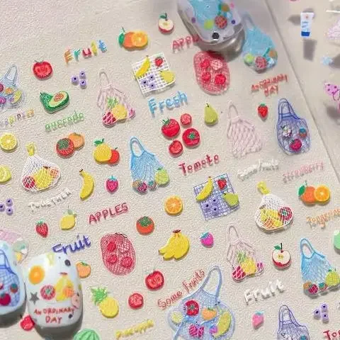 かわいい赤いゼリートマトネイルアートステッカー蝶結び星キュートサマーフルーツ5Dフルーツセルフ接着ネイルアートデカールサマーDIY用