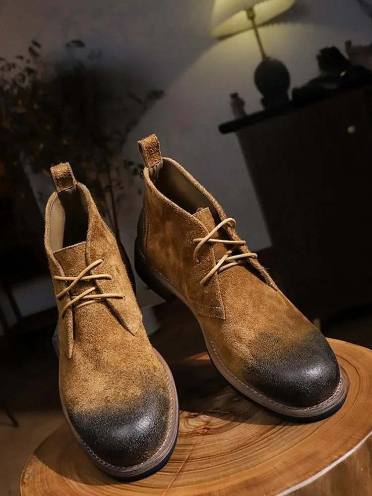 Modne, uniwersalne męskie sznurowane botki ze skóry bydlęcej z blokami kolorów, okrągłym noskiem, wytrzymałe, ręcznie robione, na platformie, do pracy i na co dzień.