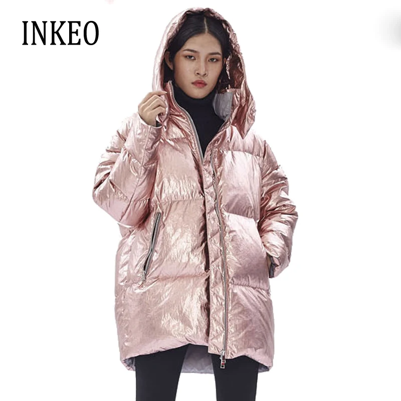 INKEO-Chaqueta de plumón de pato para mujer, abrigo grueso y cálido con capucha, bordado brillante, alta calidad, invierno, O694