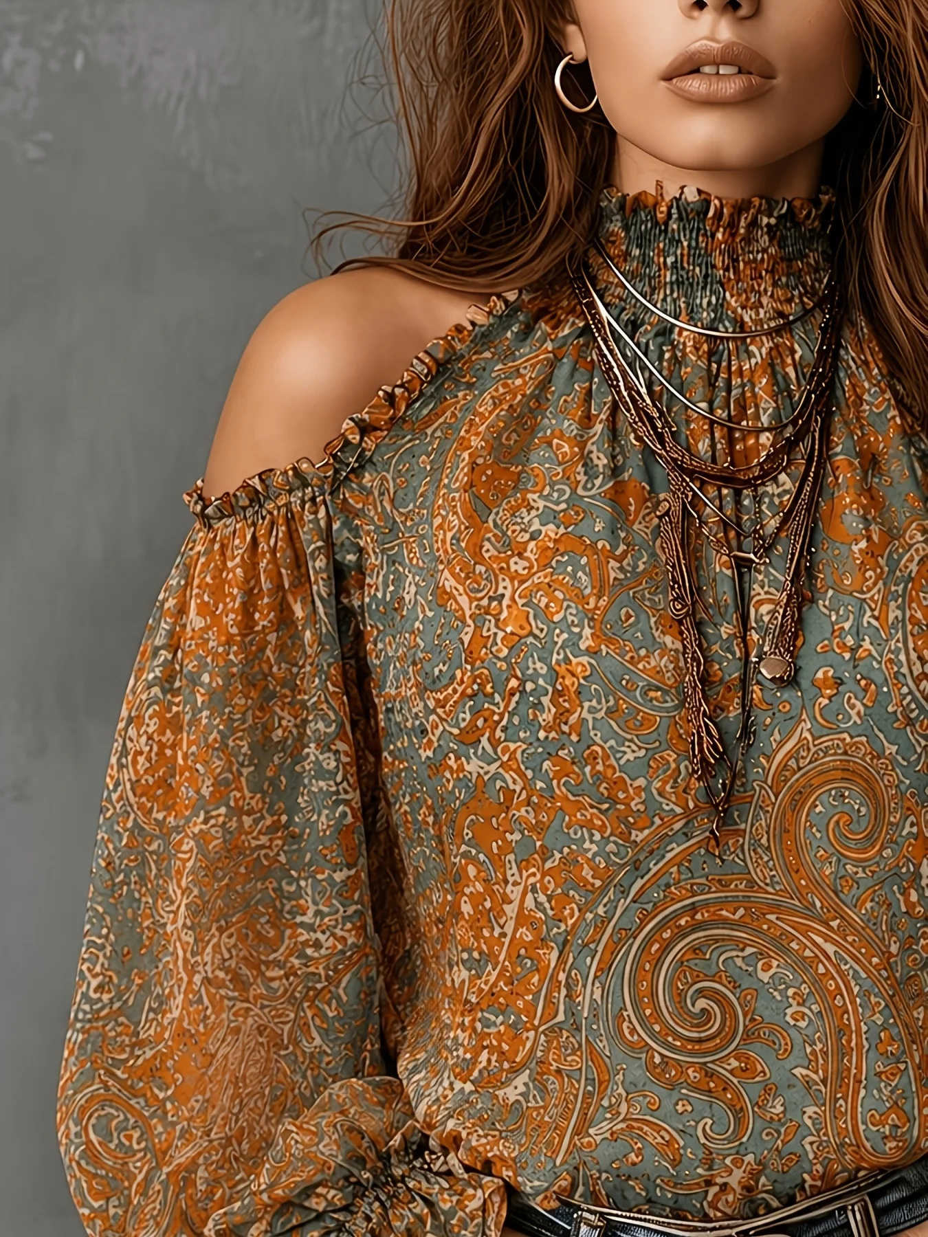 Boho Paisley-Print Chiffon-Top Damen Sexy Off-Shoulder Bluse mit Trompetenärmeln Retro 70er Fairycore Hemden – Detail 33