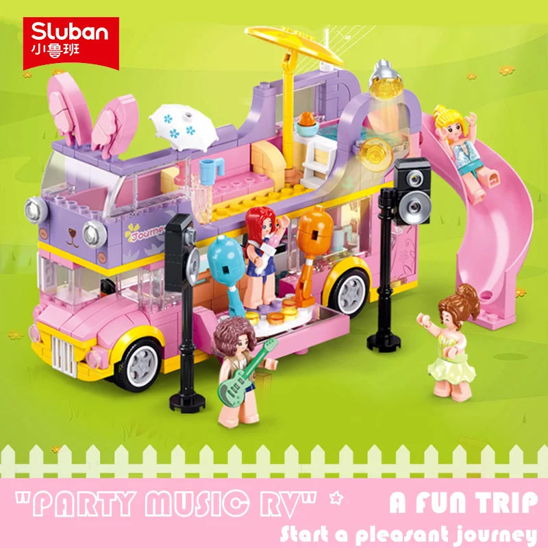 

Sluban Building Block Toys Girls Dream Pink B1165 Party Music RV 412PCS Double-decker Bus Bricks Compatbile With Leading Brands