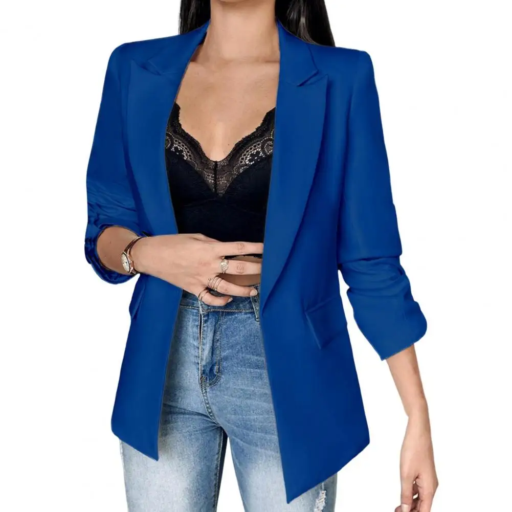 Colbert Elegant Revers Pak Jas Voor Dames Lange Mouwen Business Outwear Met Flap Zakken Effen Kleur Open Voorkant Voor Kantoor