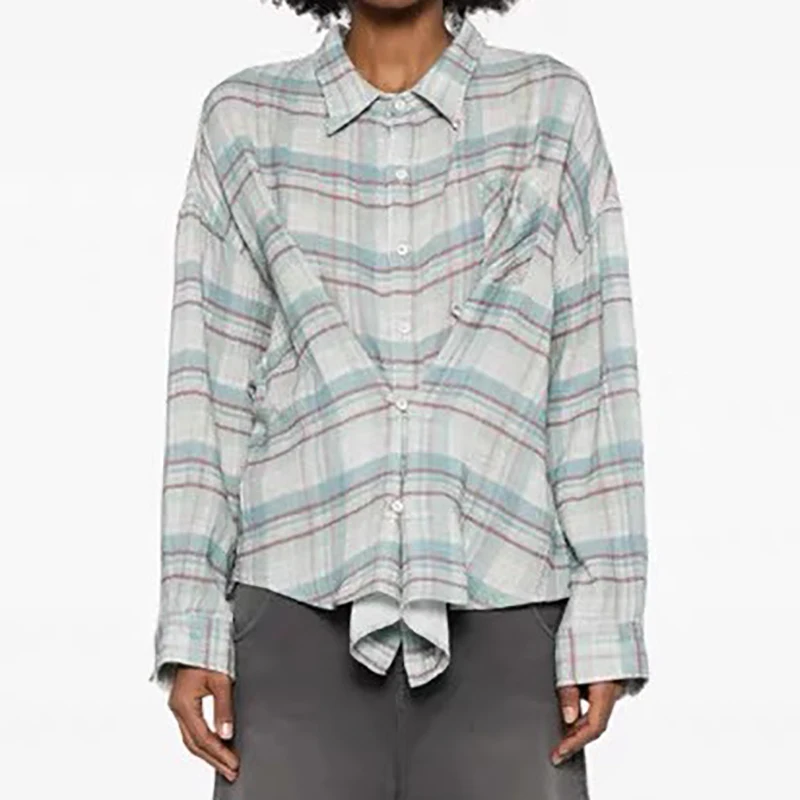 

Women's shirt New retro pure cotton lapel long sleeved top for summer 2025 Three breasted loose plaid Women's blouse Thin coat