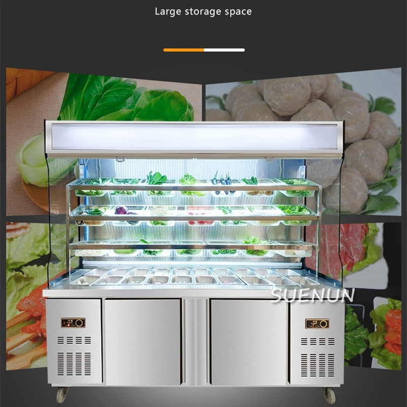 ตู้โชว์สินค้ากระจกตู้เย็นในเชิงพาณิชย์ของ Malatang ตู้ที่จัดเก็บในตู้เย็นแนวตั้งและสั่งซื้อตู้