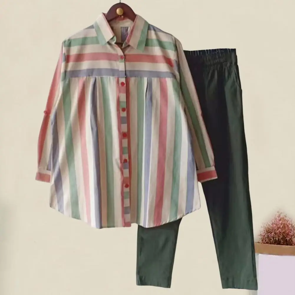 Women Striped Print Suit Set Commute Top Pants Set 2 Pcs Women Shirt Pants Set Striped Contrast Lapel Blouse Wide Leg Loose