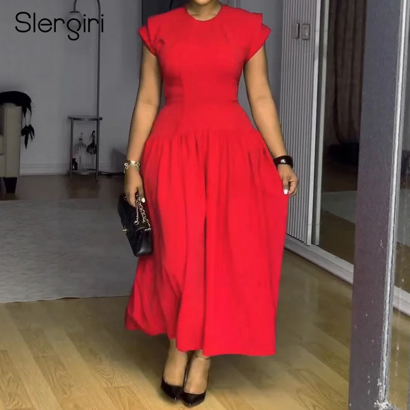 Slergiri feminino manga em camadas o pescoço festa a linha vestido de verão cintura elástica elegante zíper volta vermelho vestidos longos femininos