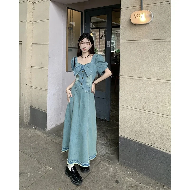 2024 Female French Temperament Small Fragrant Style Short Sleeved Denim Skirt Set Women Retro Style Summer Fashion Two Piece Set