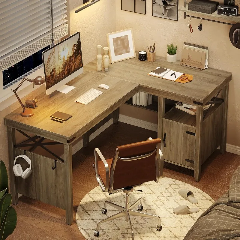 L Shaped Desk for Home Office, Farmhouse Computer Desk with Storage Cabinet, Office Desk with Bookshelf, 2 Person