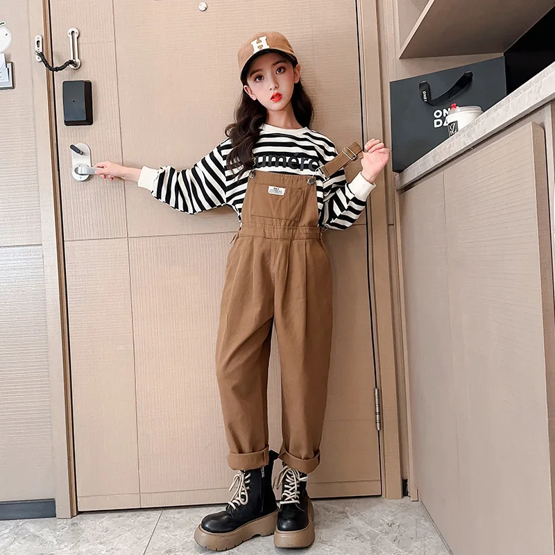 

Korea Spring Autumn Children Girl 2pcs Teenager Girl Striped Letter Printed O-neck Top+Jumpsuits Rompers School Girl Casual Suit