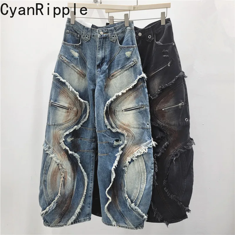 

American Spicy Girl Trendy Patchwork Hole Cargo Pants Vintage Casual Denim Trousers All-match Wide Leg Casual Straight Jeans