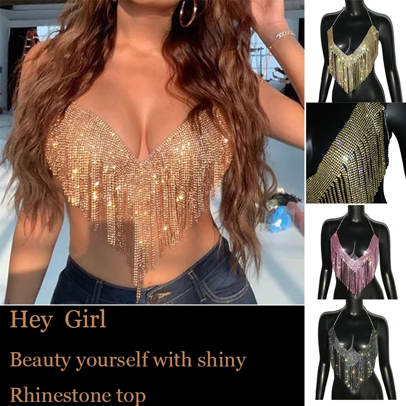 Sexy Backless Off Shoulder Shiny Crystal Crop Tops Luxury Glitter Rhinestone Tassel Hollow Out Solid V Neck Women Tank Tops 2022