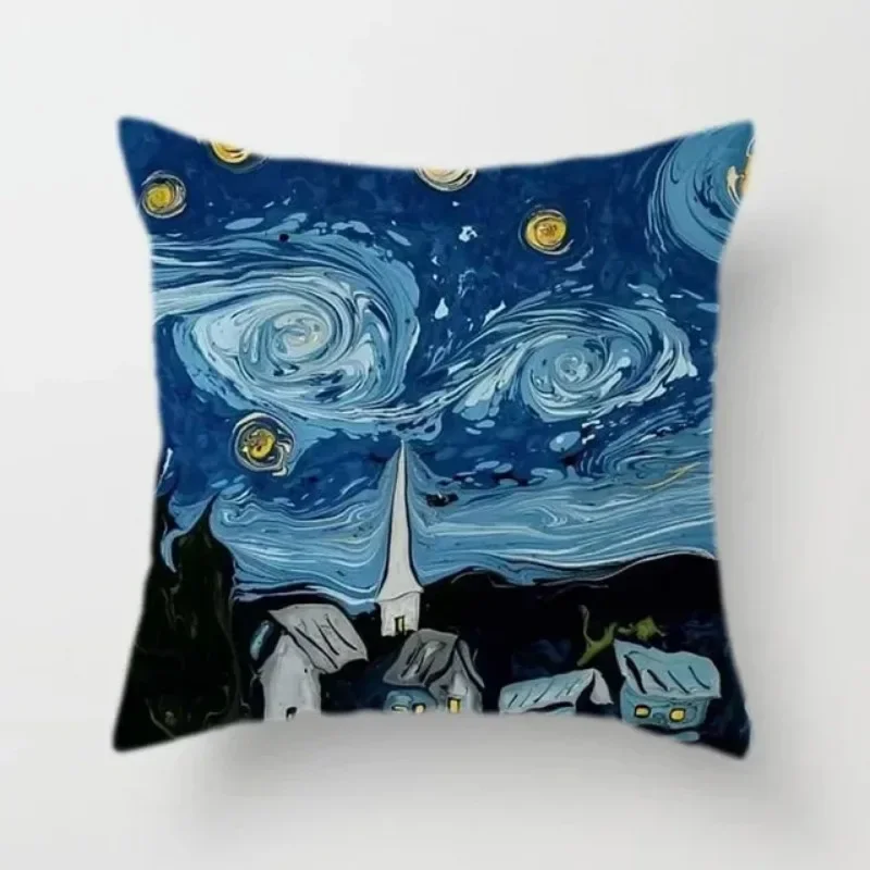 Van Gogh Oil Painting Cushion Cover Home Decorative Polyester Pillow Cover Sunflower Self-portrait Starry Sky Print Pillowcase