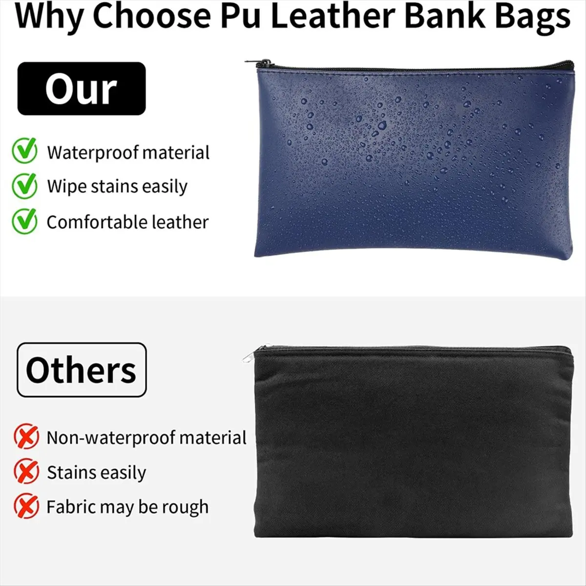 A24I Money Pocket with Zipper, 11 X 6.5 Inch PU Leather Cash Bag, Safe Bank Pocket for Coins, Bills, Checks,Cosmetics,Tools A