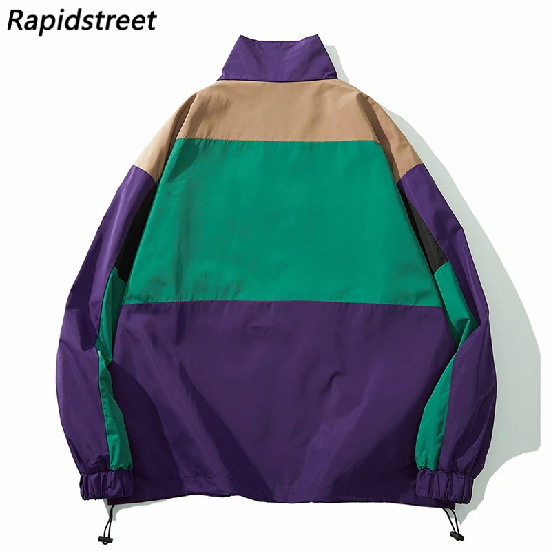 Hip Hop Streetwear Jacket WindBreaker Retro Color Block Patchwork Track Jacket Coat Men Harajuku Cotton Loose Jacket 2023