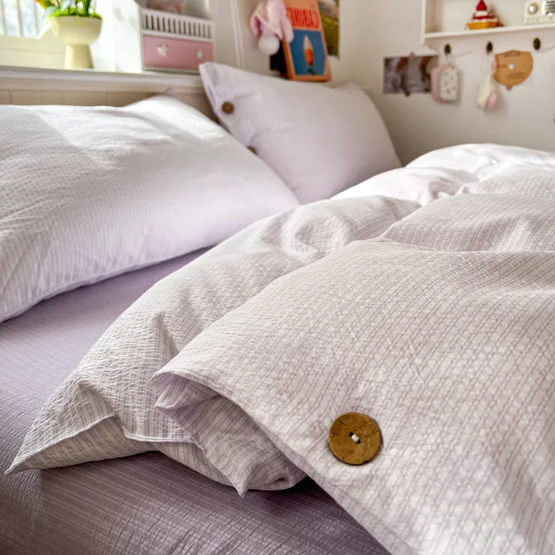 Japanese Style Minimalist 4 Piece Bedding Set Pure Washed Cotton Striped Duvet Cover Bed Sheet Pillowcase Homestay Bed Linens