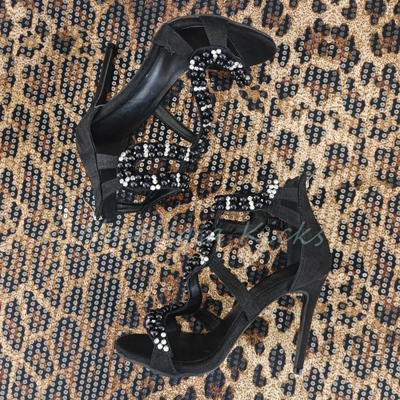 Sexy Back Zipper Rhinestone Suede Sandals Black Peep Toe Stiletto Heel Women's Shoes Hot Girl Party Nightclub Dance Footwear