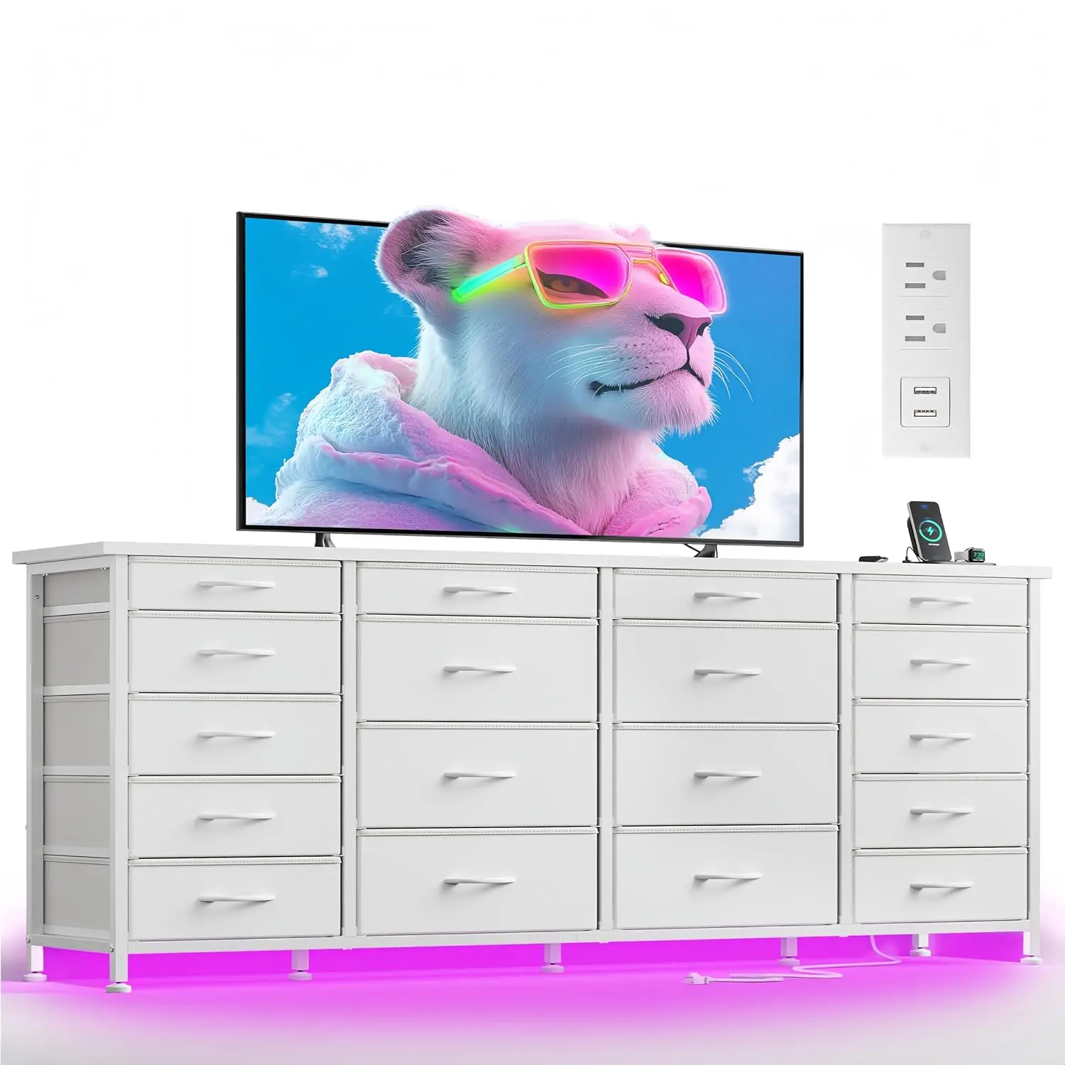 White TV Stand 18 Drawers LED Charging Living Room, 63