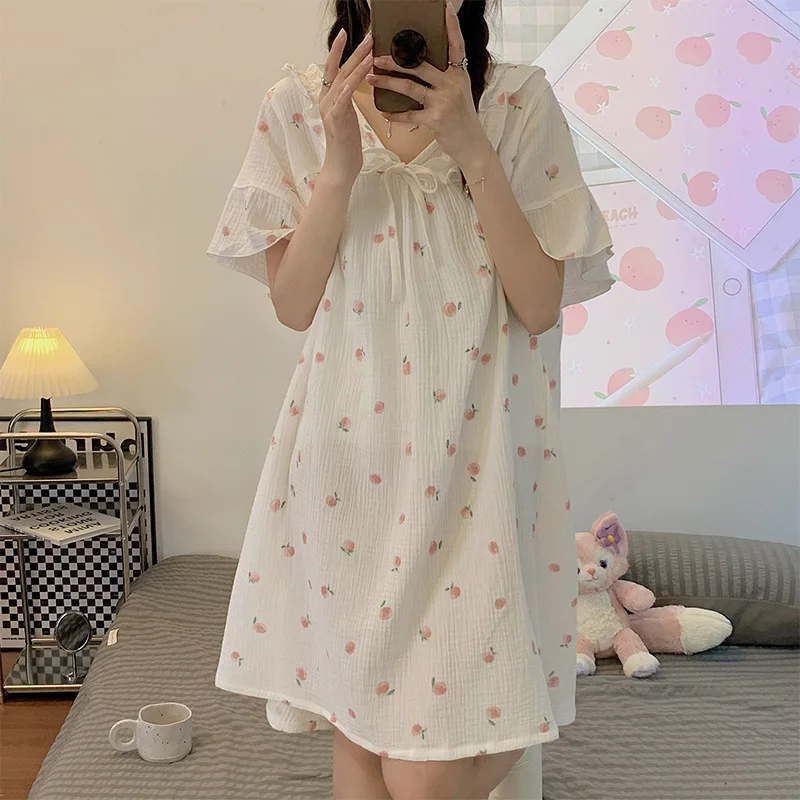 Women\'s Nightdress Loungewear Korean Version Sweet Foam Nightdress Women\'s New Summer Short Sleeve Nightgown Dress Loungewear