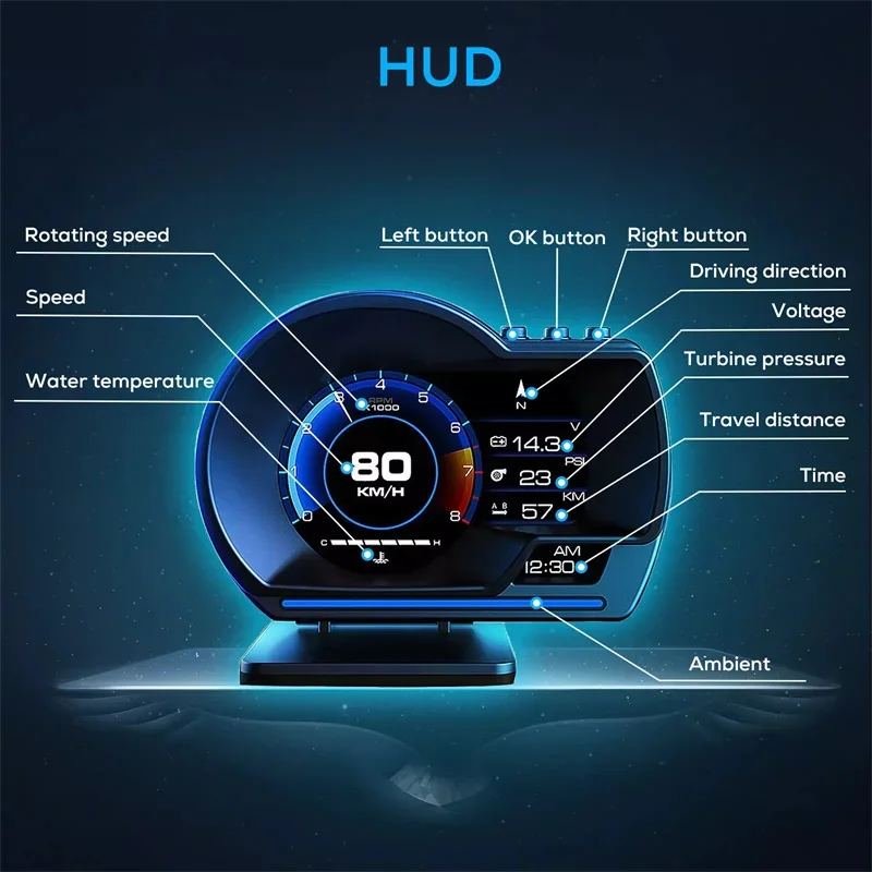 Newest Car Head Up Display OBD2 Smart Car HUD Turbo Gauge Digital Odometer SecurityAlarm Water&Oil Temp RPM Auto Meter