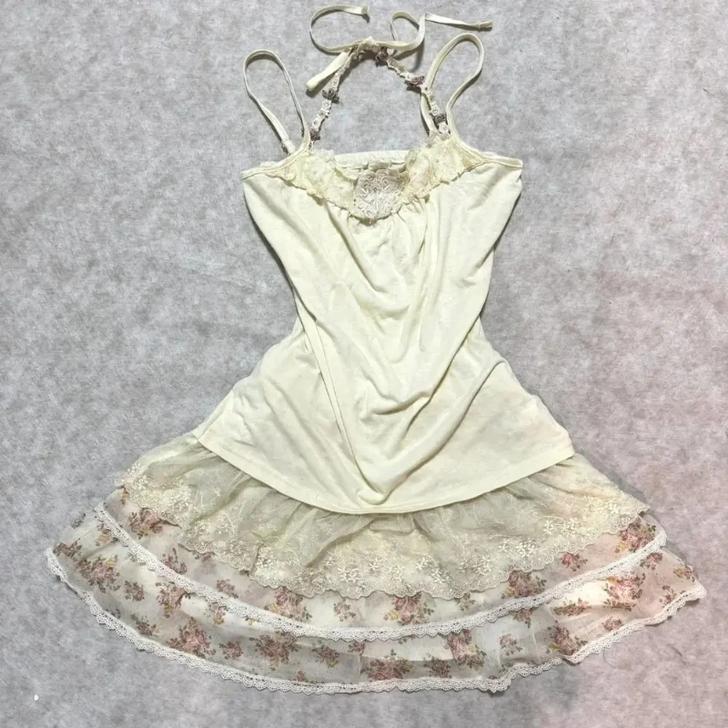 لوليتا الحلو أنيقة 2 قطعة مجموعات فساتين 2000s سليم قصيرة الأكمام صدرية مثير الدانتيل فستان بحزام Y2k Kawaii خمر الدعاوى شيك