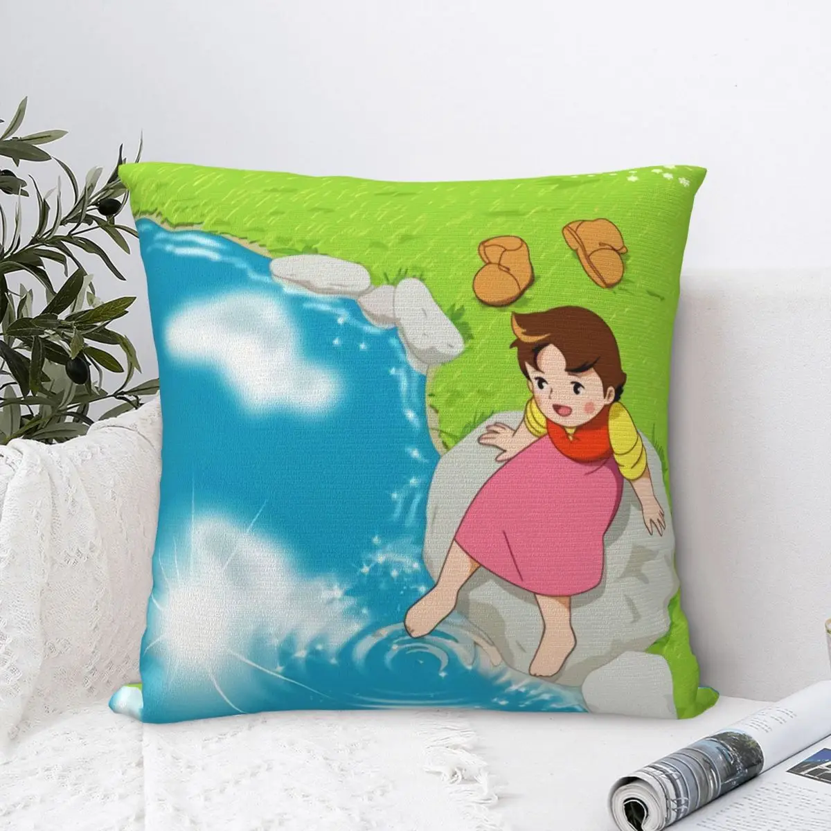 Blue Sky Polyester Cushion Cover Heidi the Girl From The Alps Sofa Car Decorative Washable Coussincase