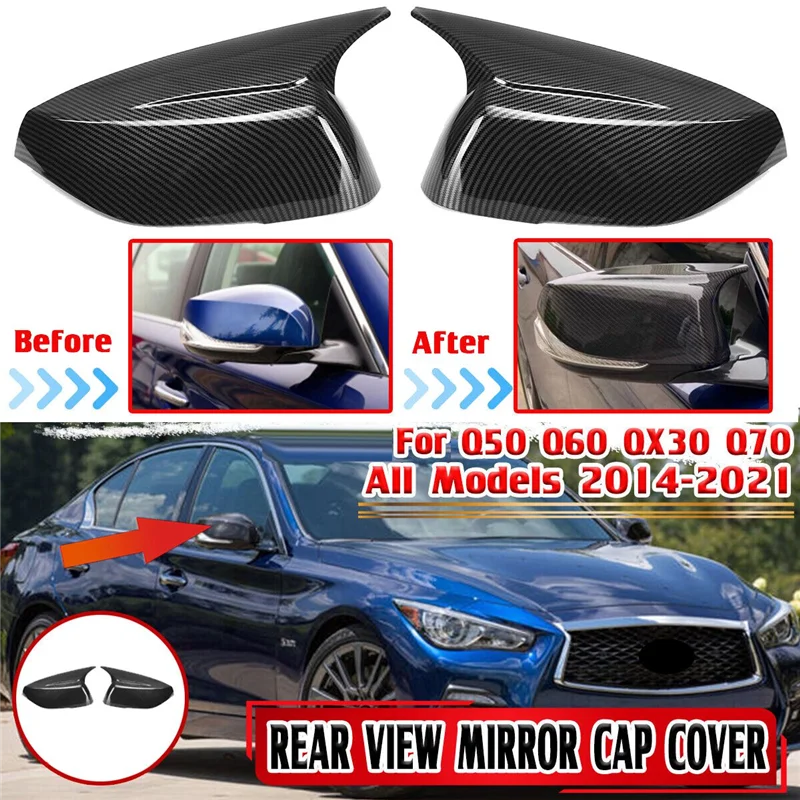 Carbon Fiber Look Horn Style Side Door Rearview Mirror Cover Trim Shells Cap for Infiniti Q50 Q60 2015-2023 M3 Style