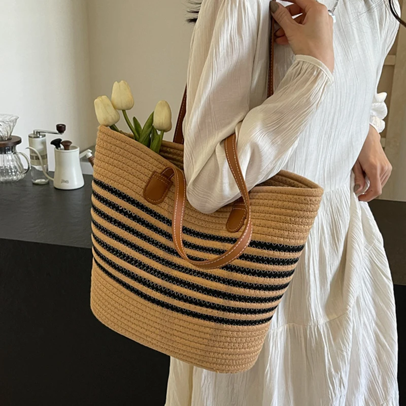 Striped Design Straw Tote Bag Large Capacity Beach Boho Style Handbag Fulfilment Shopping Bag