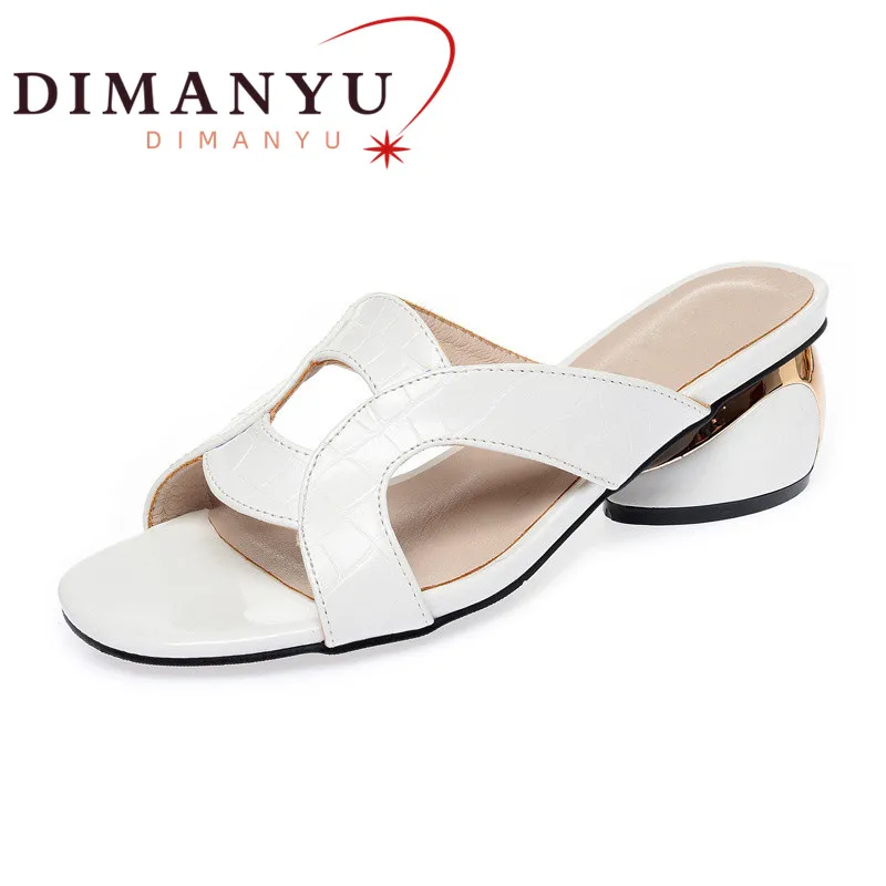 

DIMANYU Women Slides Summer 2024 New Fashion Genuine Leather Women Slippers Open Toe Mid-heel Thick-heel Slippers Ladies Shoes