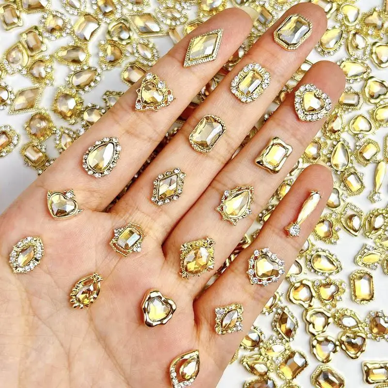 10 stuks licht luxe onregelmatige legering nagelsteentjes hart waterdruppel champagnekleurige diamant nagelkristal doe-het-zelf nageldecoraties