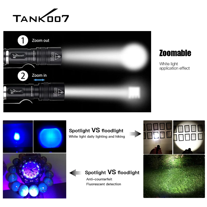 TANK007 F2 Double Light Flashlight 365NM UV LED 3W 160LM 130M Lighting LED Flashlights EDC Anti-fake Detection Mini Torch