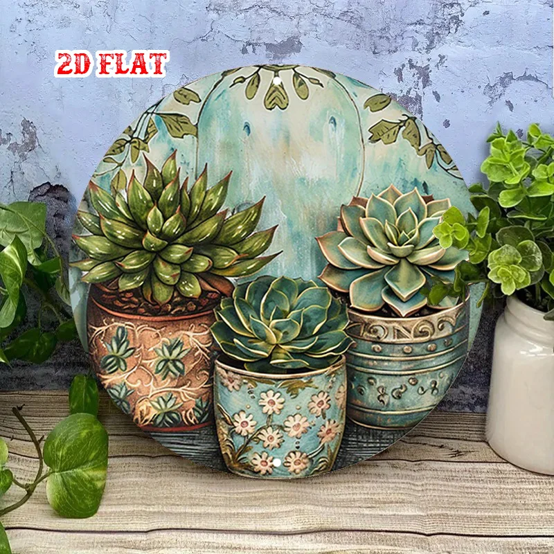 2D Flat, Succulent & Cactus Metal Wall Art - Turquoise & Golden Retro Aluminum Sign with Aloe Plants, Rustic for Home, Cafe