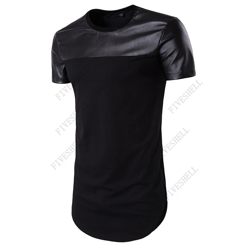 2023 Black Patchwork Leather Oversized T Shirt Men Summer Short Sleeve T-shirts Men Japanese Streetwear Harajuku Tee Shirt Homme