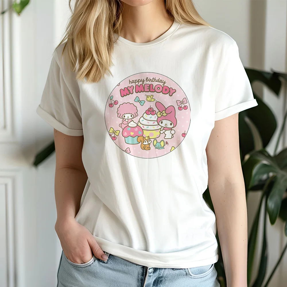 

White Sanrio My Melody Printed Tee Tshirt Set - Quick Dry Round Neck Top Clothing for Couples Matching Pair Short Sleeve Tops