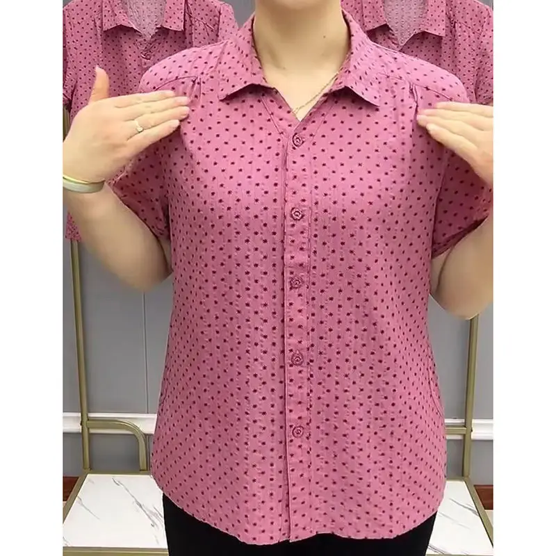 Camisa informal de manga corta con estampado de lunares para mujer, ropa femenina de verano, blusa holgada de un solo pecho con cuello vuelto