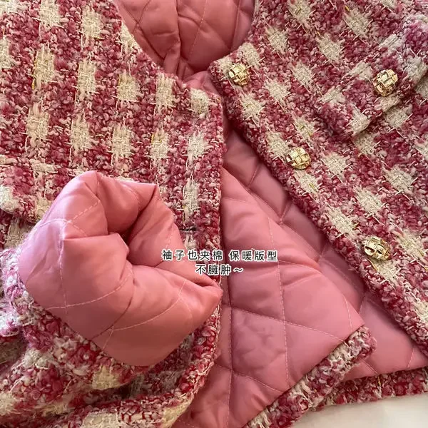 Lana y mezclas abrigo de sastre coreano para mujer, chaqueta a cuadros rosa, abrigos acolchados, chaquetas de algodón, moda elegante, temperamento de invierno