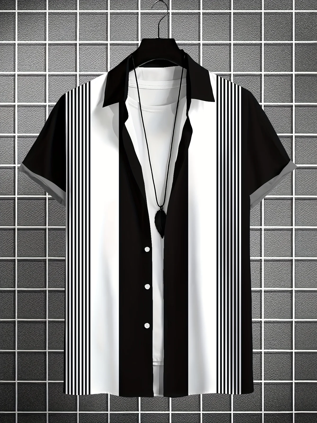 Contrast Splicing Geometric Pattern Mens Camp Collar Shirt Summer Beach Blouse