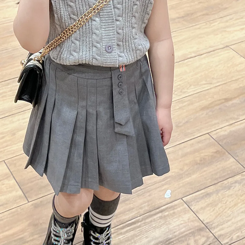 Girls Dress Design Sense 2024 Spring New Childrens Clothing Fashion Girl Baby Gray Pleated Skirt Casual Simple and All-matching