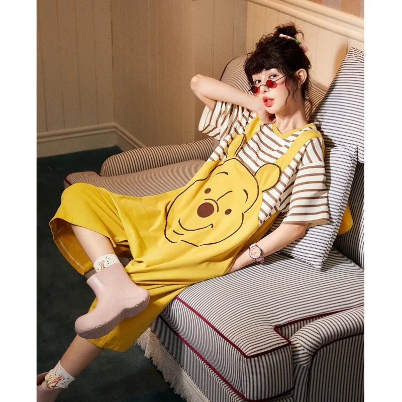 

Disney Winnie the Pooh silk pajamas women's summer cute cartoon casual cotton jumpsuit pajamas home women's pajamas set